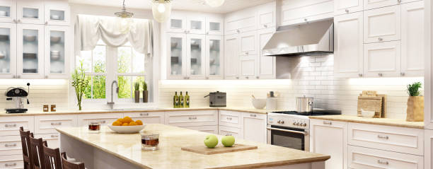 luxuriöse weiße küche mit kücheninsel - kitchen stock-fotos und bilder