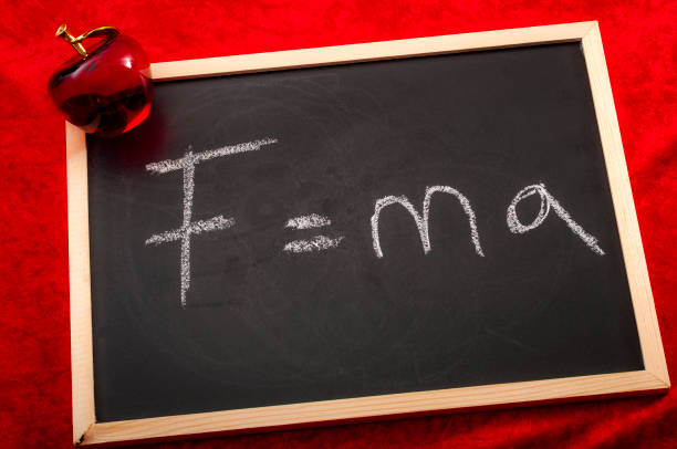 F=ma netwon's second law of motion Blackboard and red glass apple with formula of the second law of motion of Newtown written in chalk. Newton's laws of motion are three physical laws that laid the foundation for classical mechanics isaac newton picture stock pictures, royalty-free photos & images