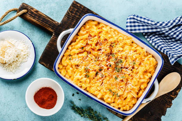 Mac and cheese. traditional american dish macaroni pasta and a cheese sauce stock photo