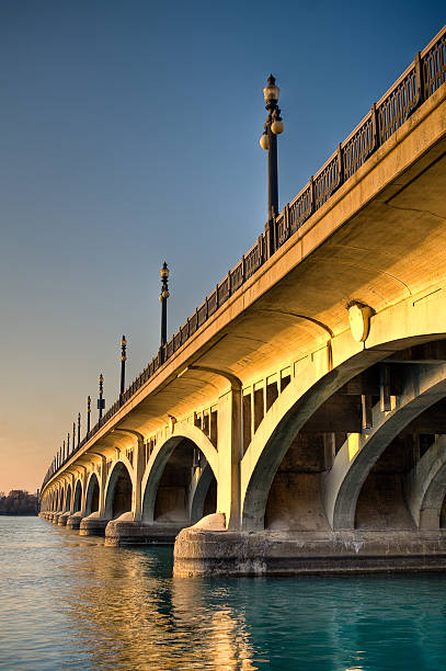 MacArthur Bridge (Belle Isle) at Sunset in Detroit, Michigan stock photo