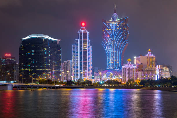Macau cityscape Night Macau cityscape skyline at dusk. Mocau now is part of China. cotai strip stock pictures, royalty-free photos & images