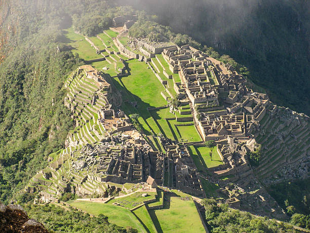 Machu Picchu ruins from Machu Picchu Mountain, Peru stock photo