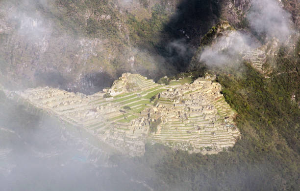 Machu Picchu site seen from Inca Trail entrance stock photo
