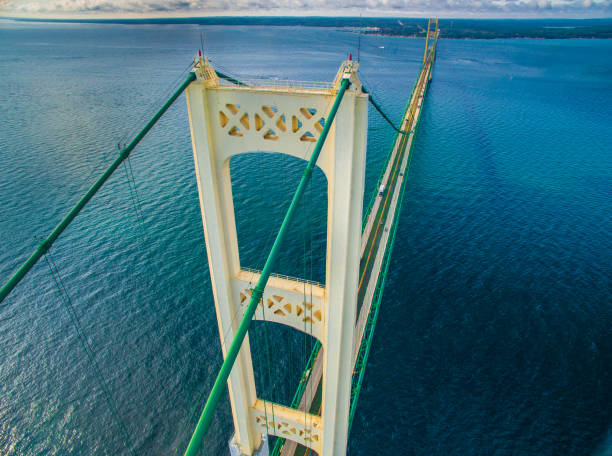 Mackinac Bridge The Mackinac Bridge connecting the upper and lower peninsula's of the state of Michigan, US. Across the straits connecting Lake Michigan and Lake Huron. mackinac island stock pictures, royalty-free photos & images