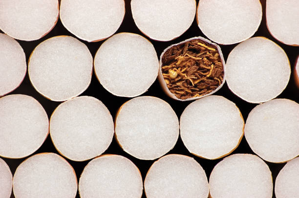 Macro Closeup Of Stacked Filter Cigarettes, Large Detailed Horizontal Stack Background stock photo