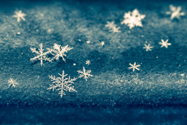Macro of snowflakes on dark background stock photo