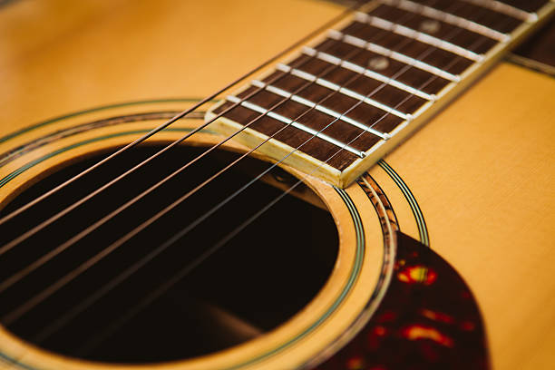 Macro shot down the fretboard of acoustic guitar with shallow depth...