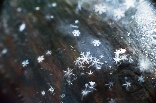 Macro snowflake close up on dark background
