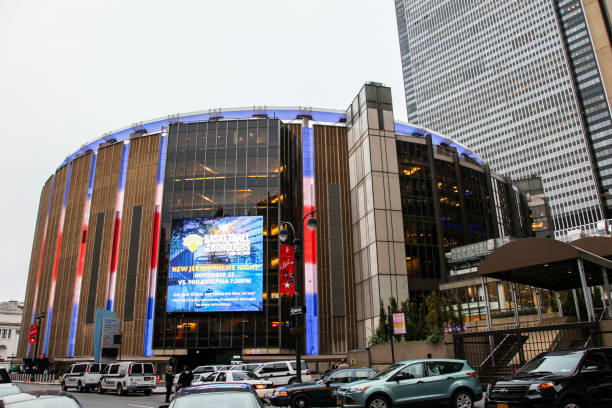 Madison Square Garden in New York City  with evening lights stock photo