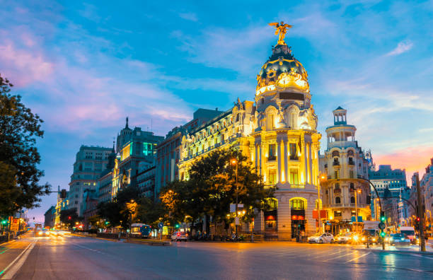 Madrid city skyline gran via street twilight , Spain stock photo
