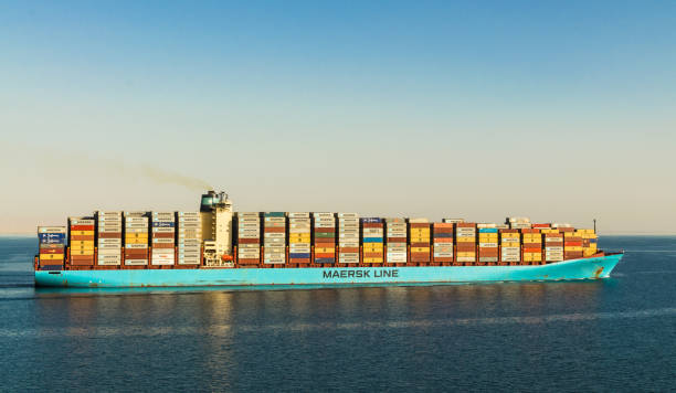 Maersk line cargo vessel container ship «Georg Maersk» passing through Suez Canal stock photo