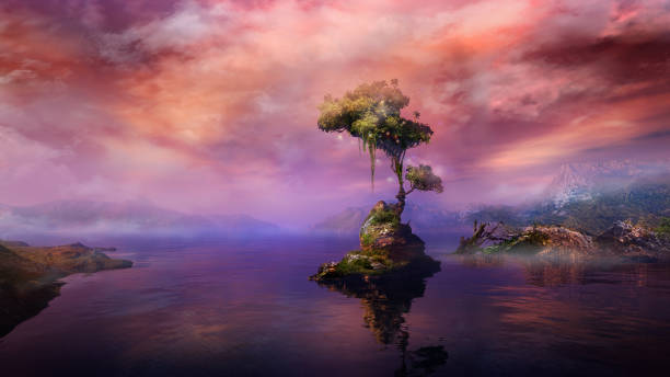 Magical landscape with a tree on a mountain lake island, 3D render. stock photo
