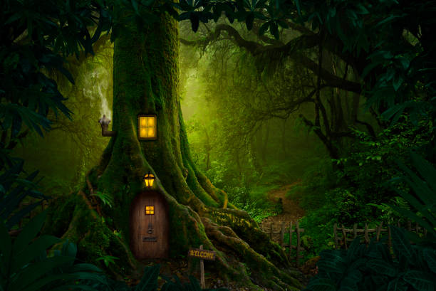 Magical story forest with small house Magical story forest with small house fairy stock pictures, royalty-free photos & images