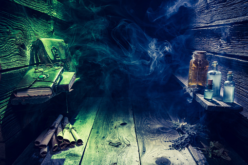Magical Witch Hut Full Potions With Copy Space Stock Photo - Download ...
