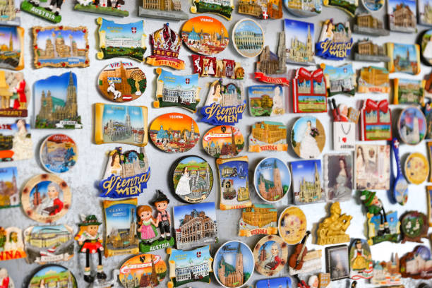 Magnets in Vienna, Austria Magnets in a Shop, Vienna City, Austria souvenir stock pictures, royalty-free photos & images