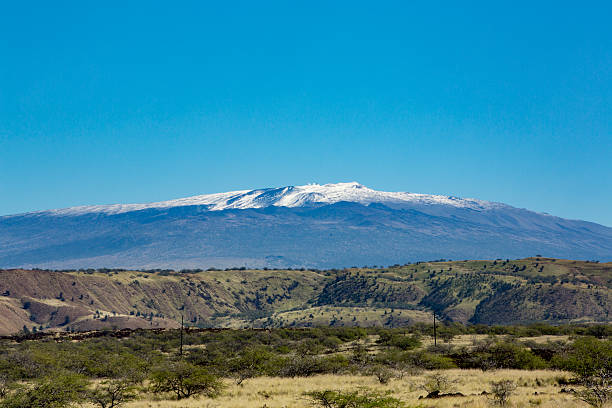 Magnicent and Snow Capped Mauna Kea Looms over the Landscape A vibrant mid-day shot of the beautiful, and nearly 14,000 foot tall Hawaiian Volcano, Mauna Kea looming over the landscape on the Big Island of Hawaii. Rolling hills in the foreground give way to vast countryside. Hawaii's tallest volcano is snow capped and rises high into the blue sky. mauna kea stock pictures, royalty-free photos & images