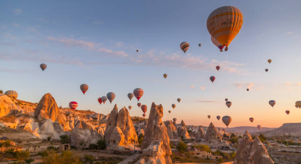 Magnificent view of daily morning hot air balloon flights in Cappadocia stock photo