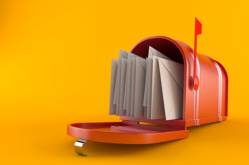Mailbox with letters isolated on orange background. 3d illustration