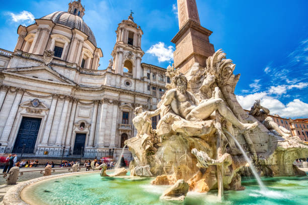 Main Fountain on Piazza Navona during a Sunny Day, Rome stock photo