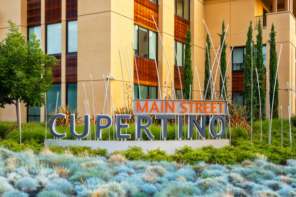 Main Street Cupertino, California, USA, sign in front of a modern outdoor shopping center and mixed-use neighborhood located on Stevens Creek Boulevard. stock photo