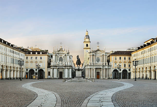 Main view of San Carlo square, twin churches, Turin stock photo