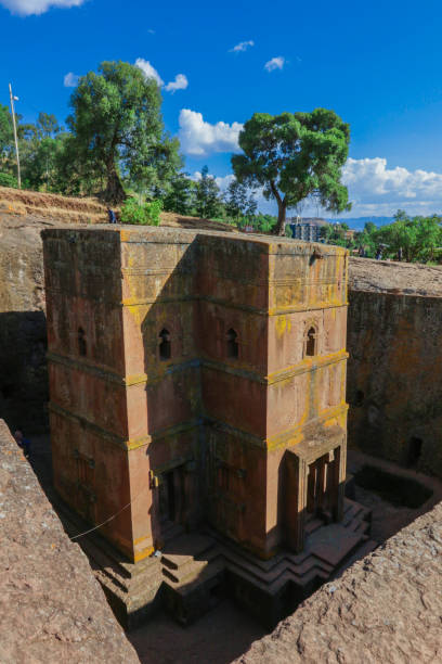 Main View to the Church of Saint George, one of many churches hewn into the rocky hills of Lalibela stock photo