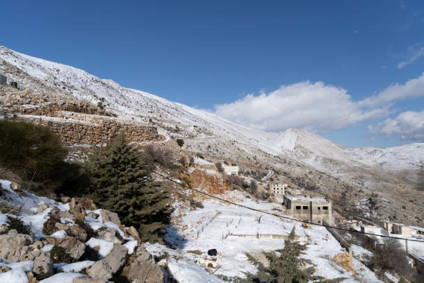 Majdal Shams and Mount Hermon in a snowy winter stock photo