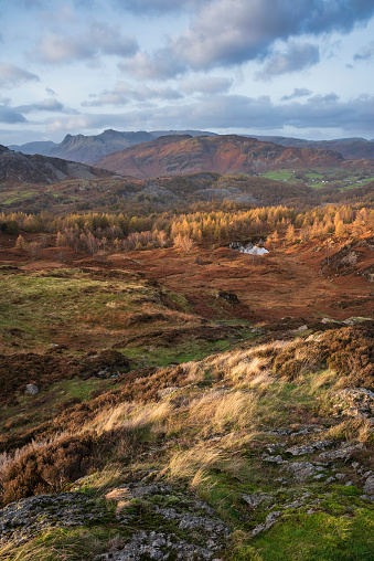 Epic Autumn sunset landscape image from Holme Fell looking towards Coniston Water in Lake District