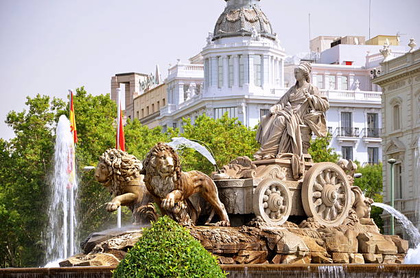 Majestic Cibeles Fountain on Plaza de Cibeles in Madrid, Spain stock photo