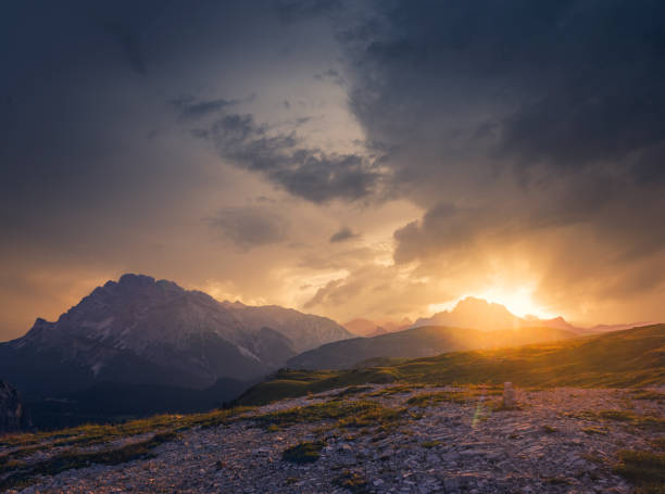 Majestic sunset in mountains stock photo