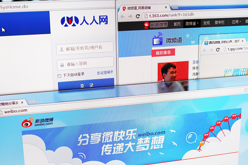 Shanghai, China - May 11, 2013: Close-up view of social networking websites in China on computer screen including Renren, Tencent, Sina Microblog and Netease. These social networking sites are the most visited websites in China.