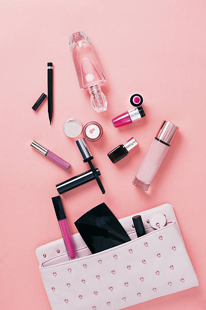 Make up bag with cosmetics stock photo