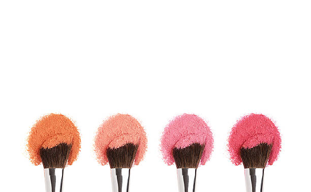 Makeup brushes with face eye shadow/cheek powders isolated on white with copy space blusher make up stock pictures, royalty-free photos & images