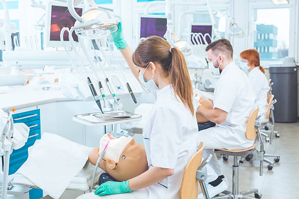 making good use of the modern classroom equipment - aluno dentista imagens e fotografias de stock