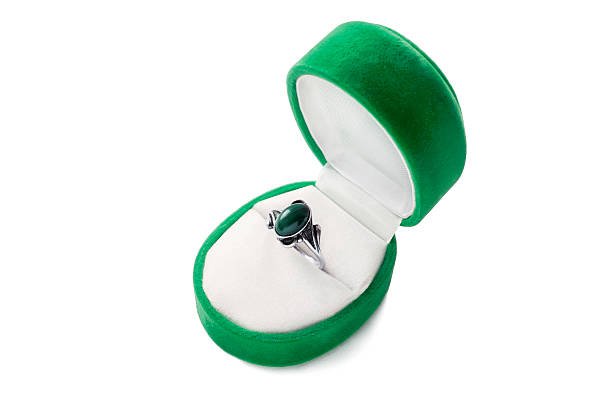 Malachite ring Silver ring with malachite in opened green jewel box isolated over white malachite stock pictures, royalty-free photos & images