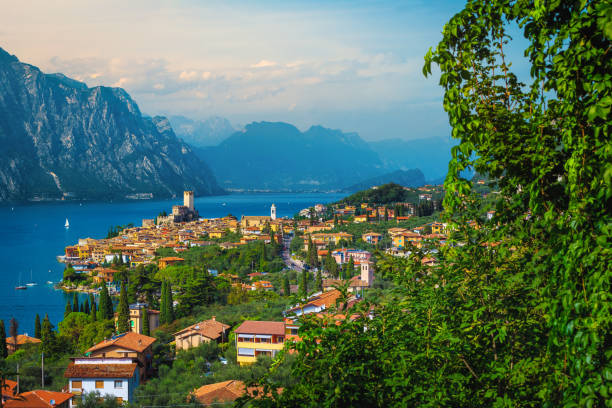 Malcesine resort and lake Garda view from the hill, Italy stock photo