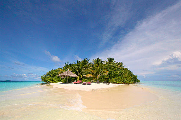 Maldives Beach Paradise Ah, the Maldives. Here we see the quintessential beach/island scene from one of these tiny island in the Indian Ocean. Warm clear water laps at the golden sandy beach, whilst empty sun loungers beckon invitingly to any passers by. Of which there are none. desert island stock pictures, royalty-free photos & images