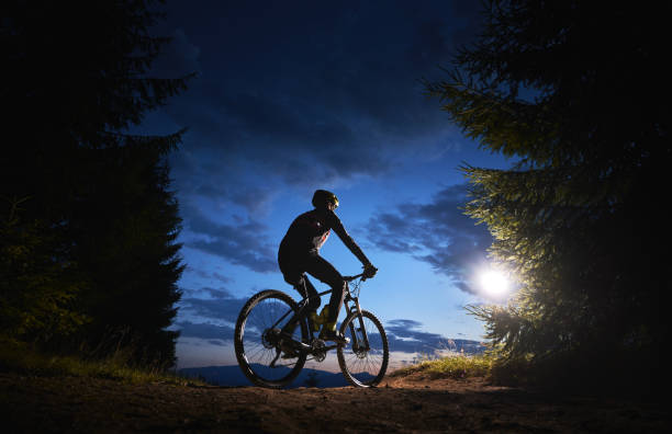 Male cyclist sitting on bicycle under beautiful night sky. stock photo