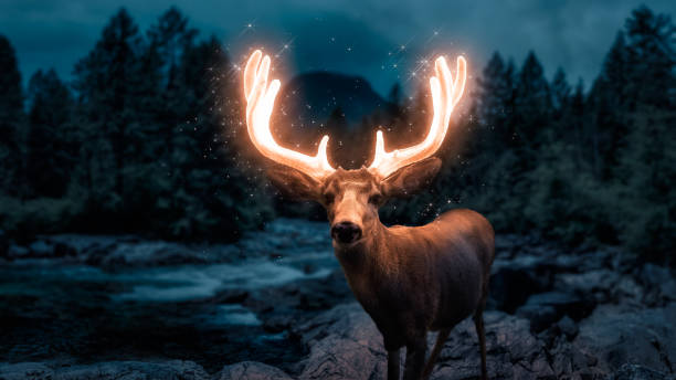 Male Deer with Glowing Antlers. Magical Artistic Render stock photo