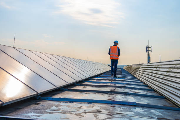 Male engineer walking along rows of photovoltaic panels stock photo