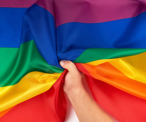 mannelijke hand houdt een regenboog vlag een symbool van de lgbt-gemeenschap - gay demonstration stockfoto's en -beelden