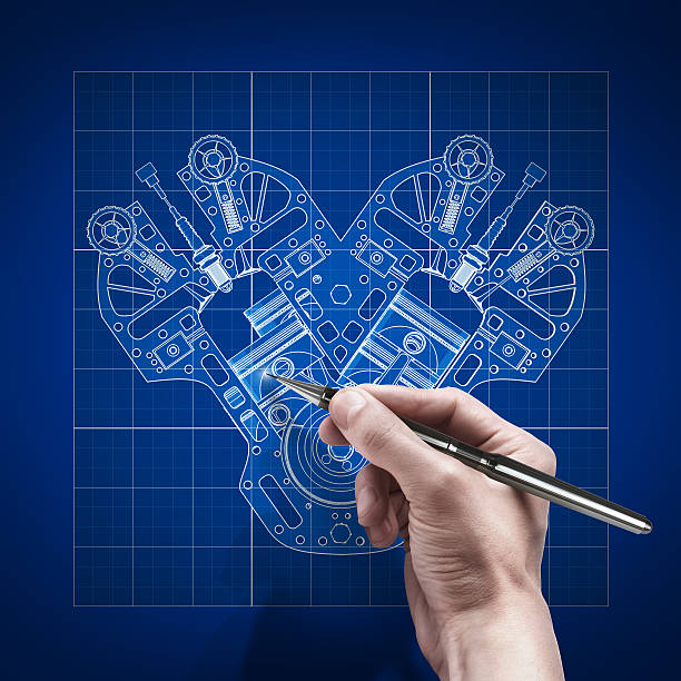 male hand with pen blueprint . engineer working stock photo