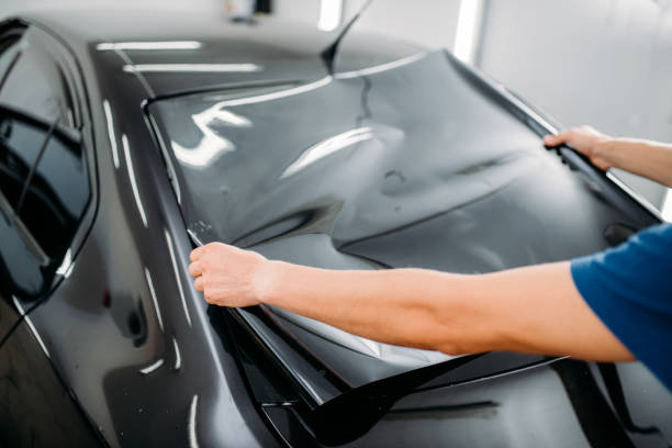 Male specialist with car tinting film in hands stock photo