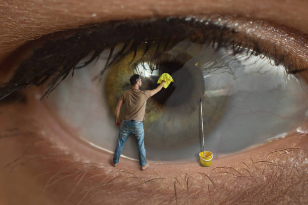 Male worker cleaning the surface of the pupil of the eye with a rag. Concept of healthy eyesight, conjunctivitis and window cleaning. stock photo