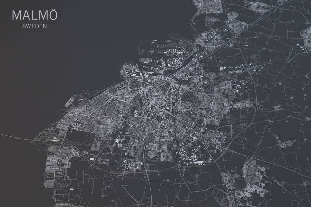 malmo map, satellite view, city, sweden. 3d rendering - malmo imagens e fotografias de stock
