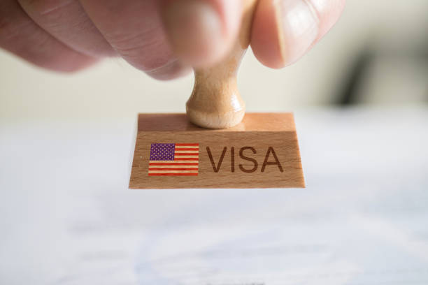 A man and a stamp with the visa for USA stock photo