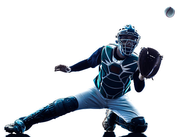 man baseball player silhouette isolated one caucasian man baseball player playing  in studio  silhouette isolated on white background baseball player stock pictures, royalty-free photos & images