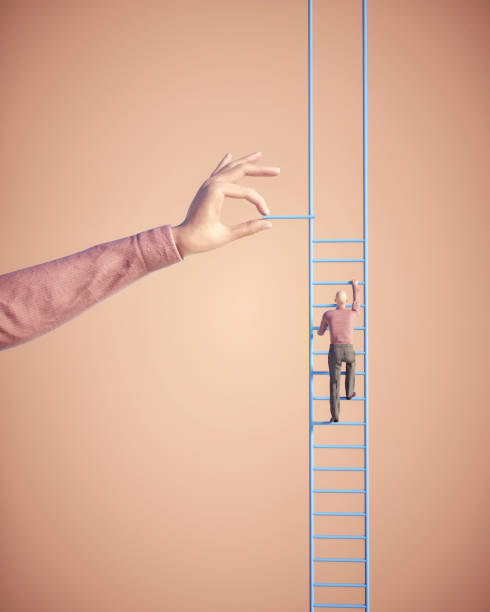 Man climbs a  ladder. stock photo