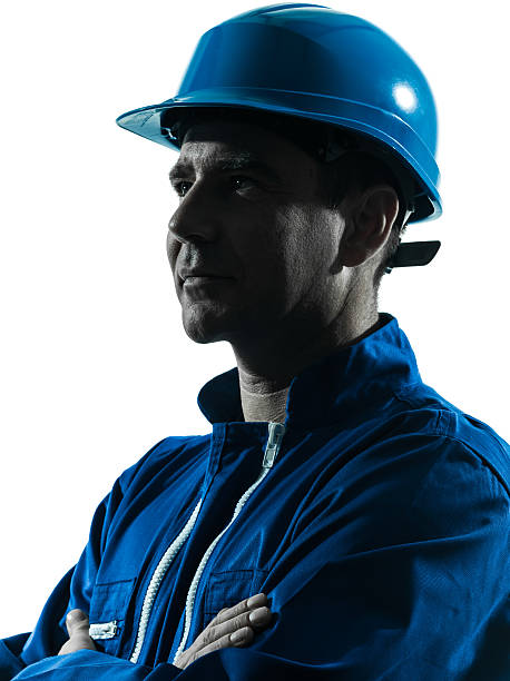 man construction worker profile sideview silhouette portrait one caucasian man construction worker smiling silhouette portrait in studio on white background back lit stock pictures, royalty-free photos & images