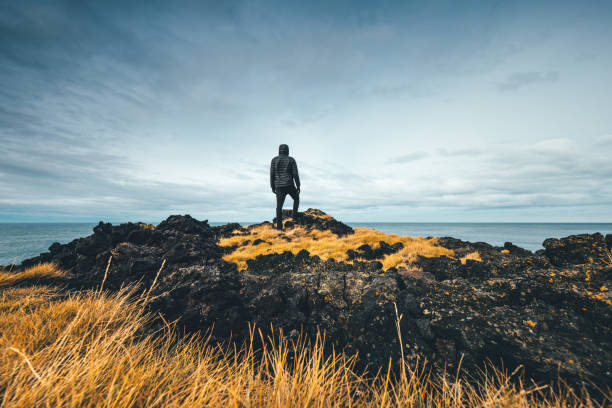 Man Exploring Iceland Man standing on colorful volcanic coast in Iceland. wilderness stock pictures, royalty-free photos & images